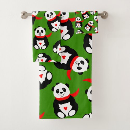 Cute Pandas with British Bowler Hats  Red Scarves Bath Towel Set