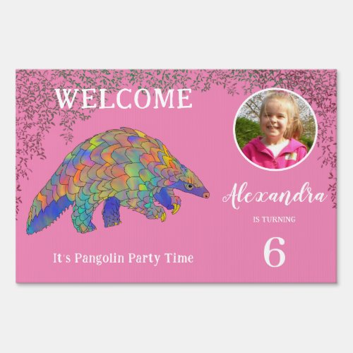 Cute Pangolin Birthday Party Pink Welcome Sign