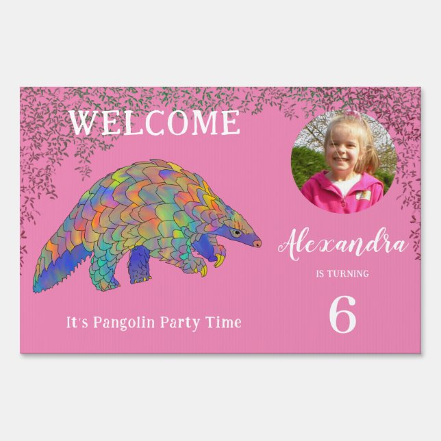 Cute Pangolin Birthday Party Pink Welcome Sign (Front)
