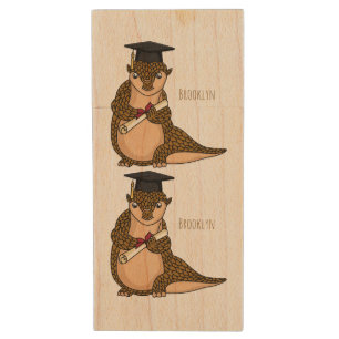 Cute pangolin graduating cartoon wood flash drive