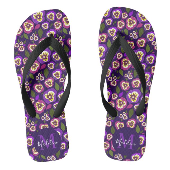 Cute Pansies Pattern Purple Monogram Flip Flops (Footbed)
