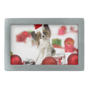 Cute Papillon Dog Christmas Santa Hat Belt Buckle