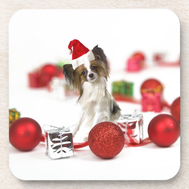 Cute Papillon Dog Christmas Santa Hat Beverage Coaster (Front)