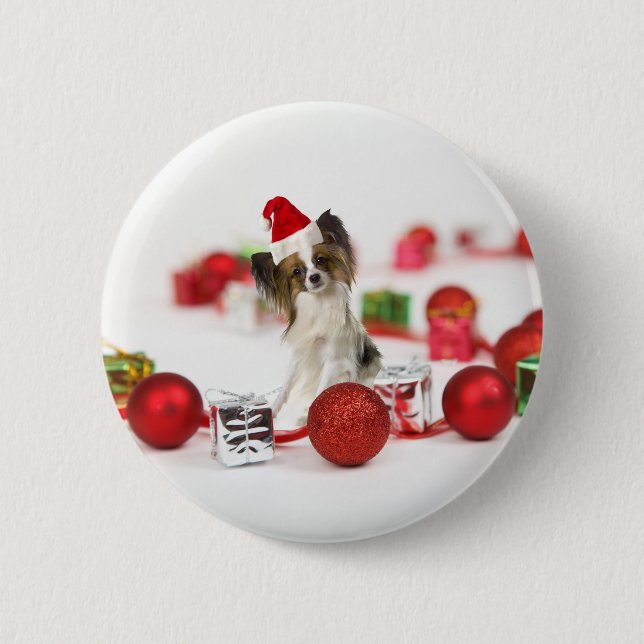 Cute Papillon Dog Christmas Santa Hat Button (Front)