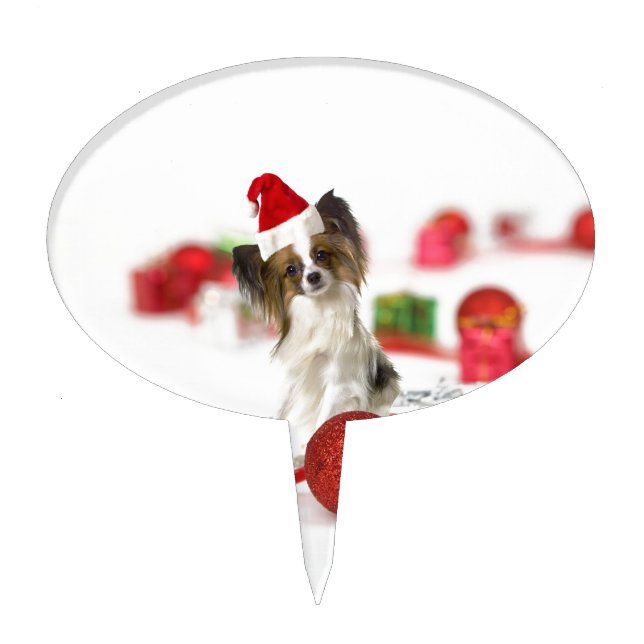 Cute Papillon Dog Christmas Santa Hat Cake Topper (Front)