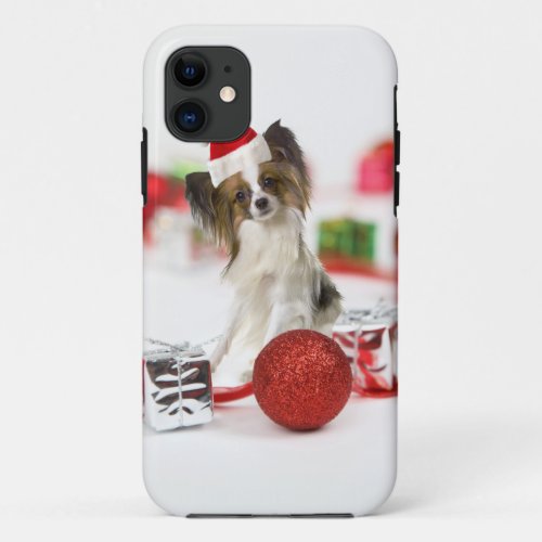 Cute Papillon Dog Christmas Santa Hat iPhone 11 Case