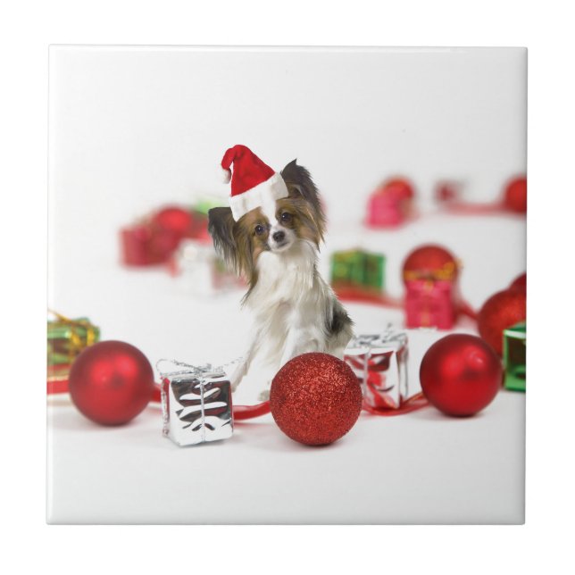 Cute Papillon Dog Christmas Santa Hat Ceramic Tile (Front)