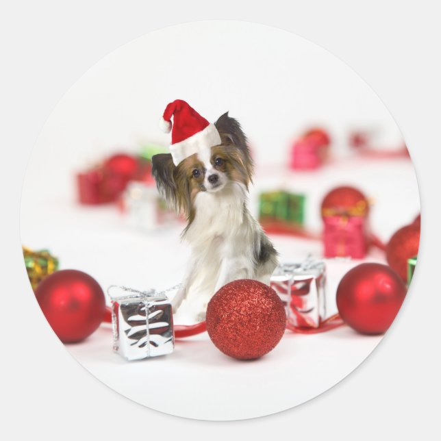 Cute Papillon Dog Christmas Santa Hat Classic Round Sticker (Front)
