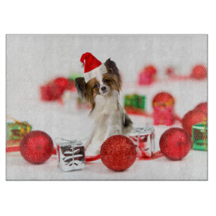 Cute Papillon Dog Christmas Santa Hat Cutting Board