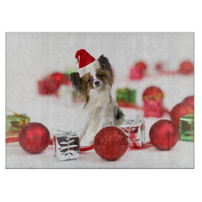 Cute Papillon Dog Christmas Santa Hat Cutting Board (Front)