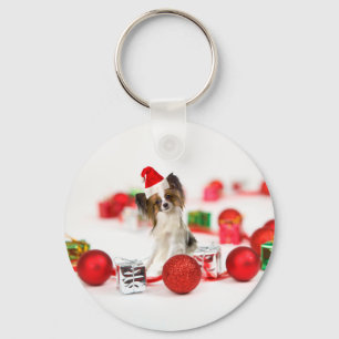 Cute Papillon Dog Christmas Santa Hat Keychain