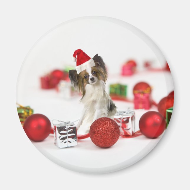 Cute Papillon Dog Christmas Santa Hat Magnet (Front)