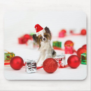 Cute Papillon Dog Christmas Santa Hat Mouse Pad