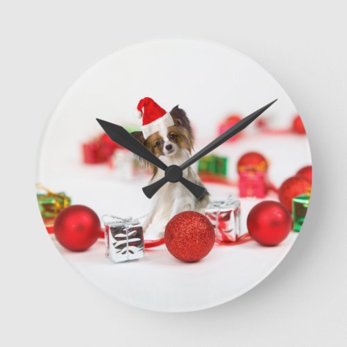 Cute Papillon Dog Christmas Santa Hat Round Clock