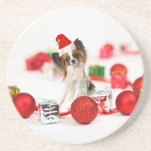 Cute Papillon Dog Christmas Santa Hat Sandstone Coaster