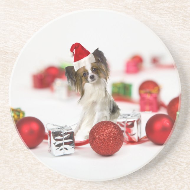 Cute Papillon Dog Christmas Santa Hat Sandstone Coaster (Front)