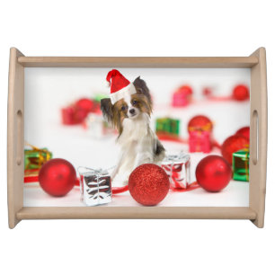 Cute Papillon Dog Christmas Santa Hat Serving Tray