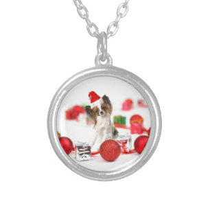 Cute Papillon Dog Christmas Santa Hat Silver Plated Necklace
