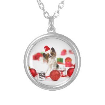 Cute Papillon Dog Christmas Santa Hat Silver Plated Necklace by aashiarsh at Zazzle
