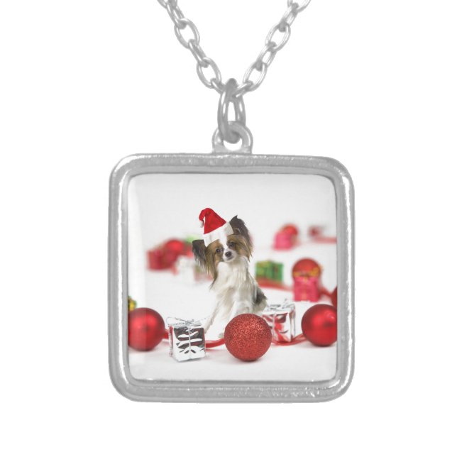 Cute Papillon Dog Christmas Santa Hat Silver Plated Necklace (Front)