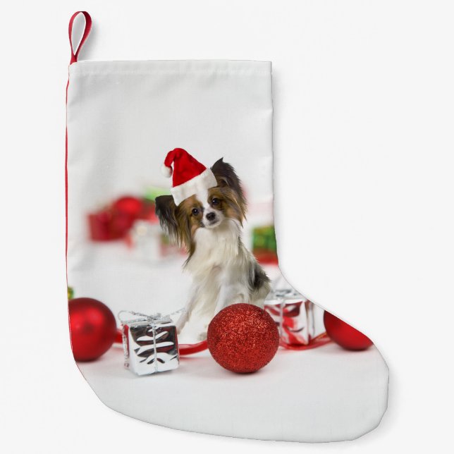 Cute Papillon Dog Christmas Santa Hat Small Christmas Stocking (Front)