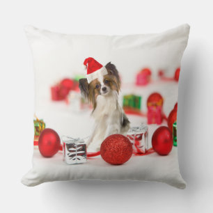 Cute Papillon Dog Christmas Santa Hat Throw Pillow