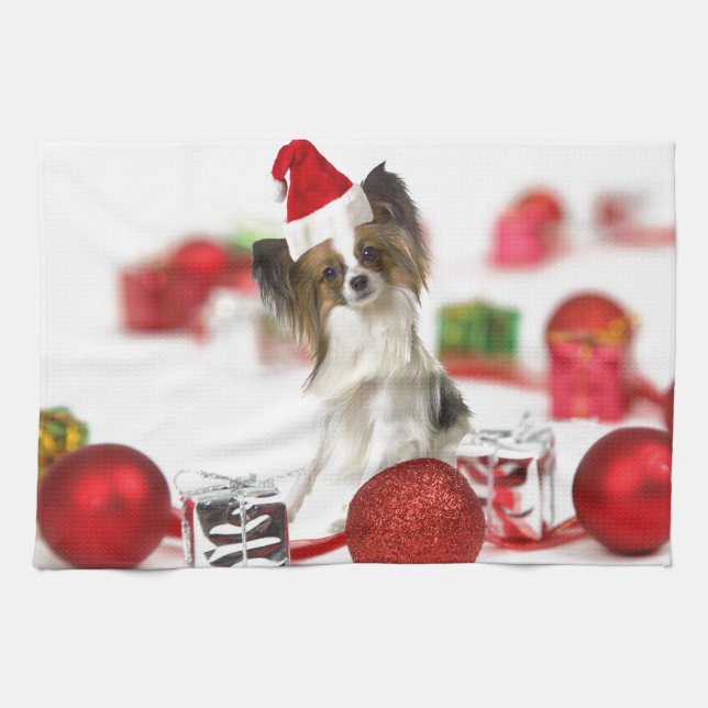 Cute Papillon Dog Christmas Santa Hat Towel (Horizontal)