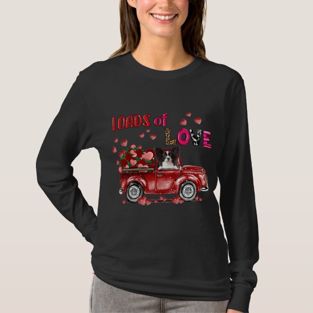 Cute Papillon Dog Driving Red Truck Happy Valentin T-Shirt (Front)