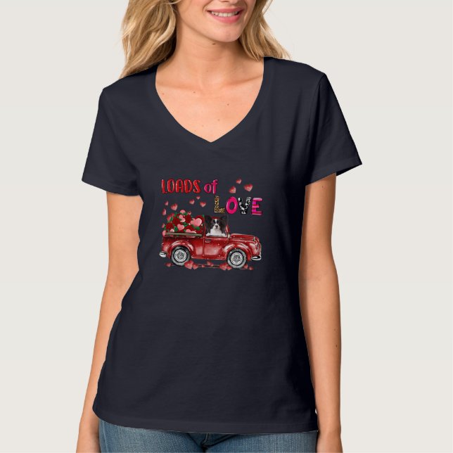 Cute Papillon Dog Driving Red Truck Happy Valentin T-Shirt (Front)