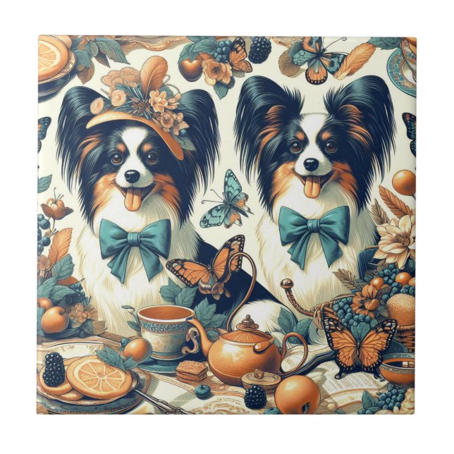 Cute Papillon Dog Illustration Ceramic Tile (Front)
