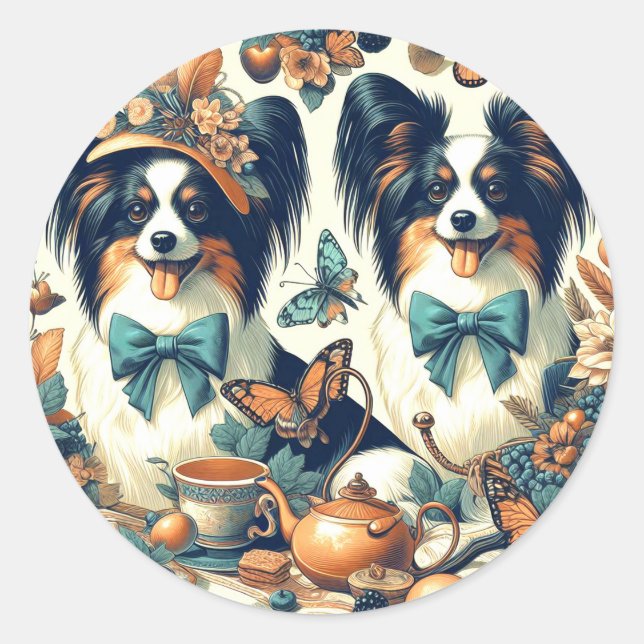 Cute Papillon Dog Illustration Classic Round Sticker (Front)