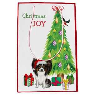 Cute Papillon Dog Santa Hat and Christmas Tree Medium Gift Bag