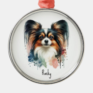 Cute Papillon Dog Watercolor Art Metal Ornament