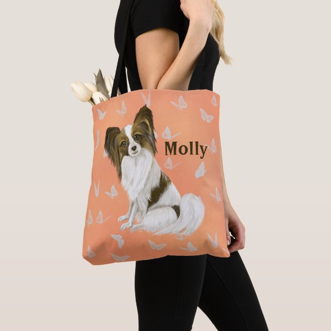 Cute Papillon Dog White butterflies Personalized Tote Bag (Close Up)