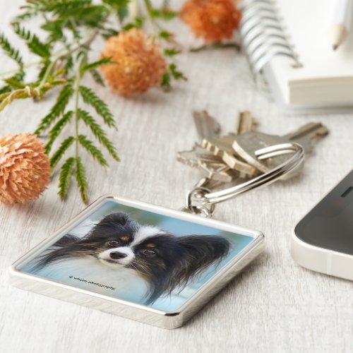 Cute Papillon Toy Spaniel Dog at the Dock Keychain