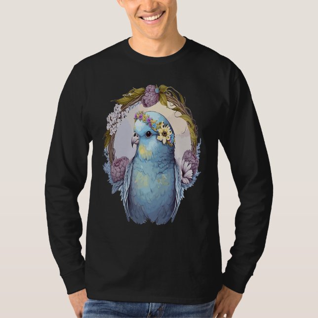 Cute Parakeet Budgie Bird Flower Crown Pet Birds   T-Shirt (Front)