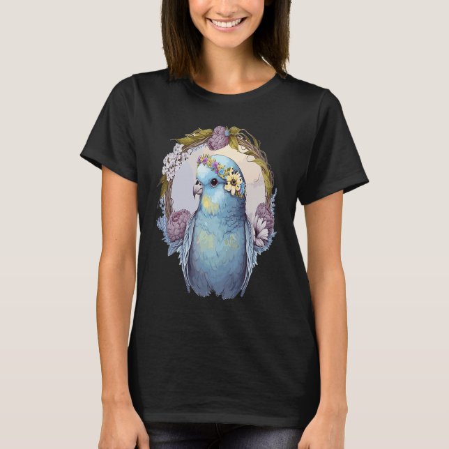 Cute Parakeet Budgie Bird Flower Crown Pet Birds   T-Shirt (Front)