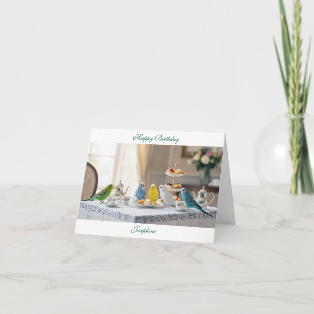 Cute Parakeet Budgies Afternoon Tea Birthday Card (Front)
