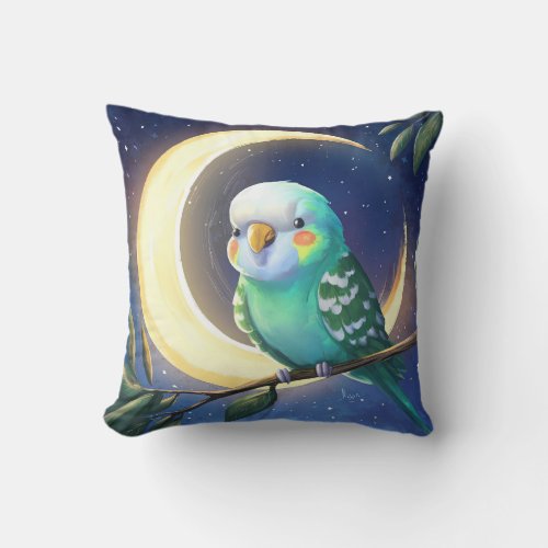 Cute Parakeet Enjoying Full Moon on a Tree Branch Throw Pillow