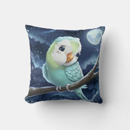 Cute Parakeet on a Tree Branch under Full Moon  Throw Pillow