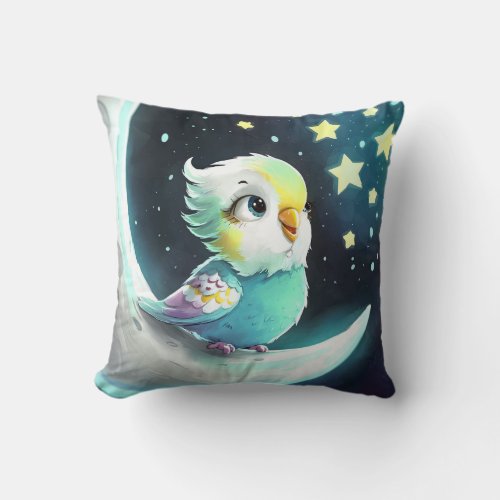 Cute Parakeet under Full Moon Light Throw Pillow