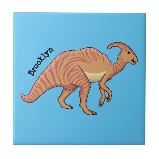 Cute parasaurolophus dinosaur cartoon illustration ceramic tile (Front)
