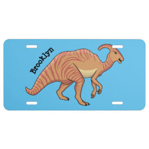 Cute parasaurolophus dinosaur cartoon illustration license plate