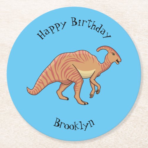 Cute parasaurolophus dinosaur cartoon illustration round paper coaster