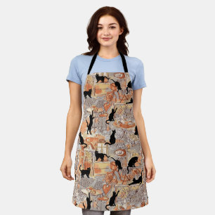 Cute Paris Café Black Cats On Gray & Brown Pattern Apron