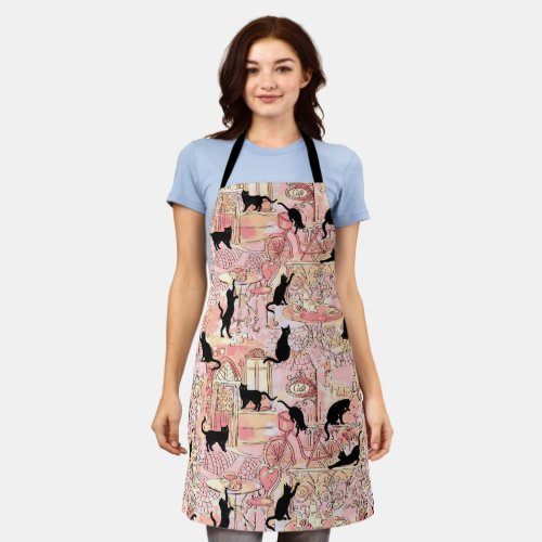Cute Paris Caf Black Cats On Pink  Gold Pattern Apron
