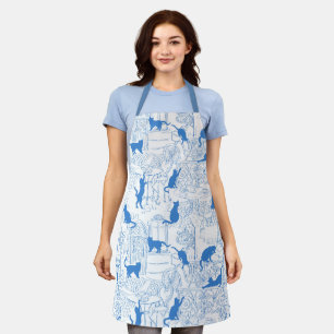 Cute Paris Café Cats On Blue & White Pattern Apron