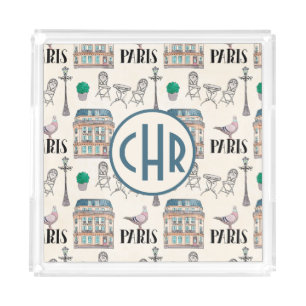Cute Paris Street Scene   Watercolor Monogram Acrylic Tray