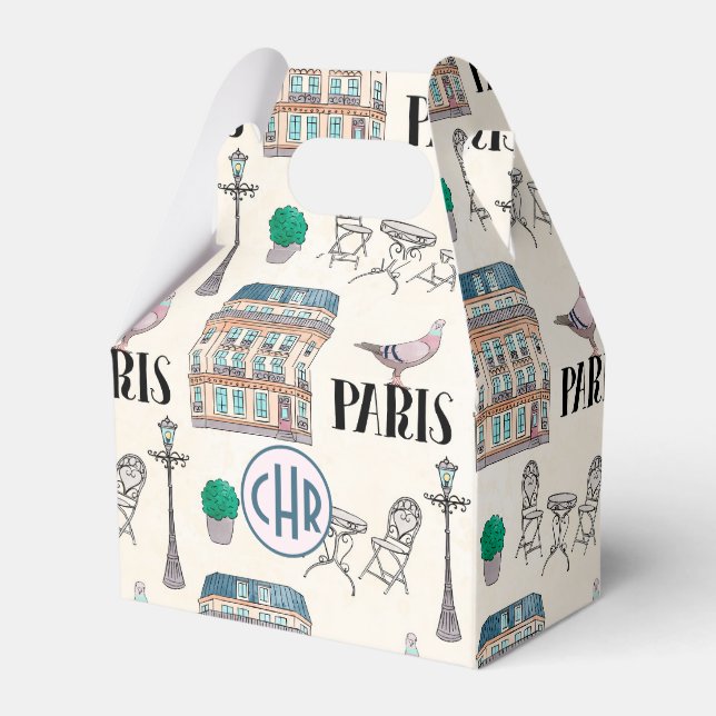 Cute Paris Street Scene | Watercolor Monogram Favor Boxes (Back Side)