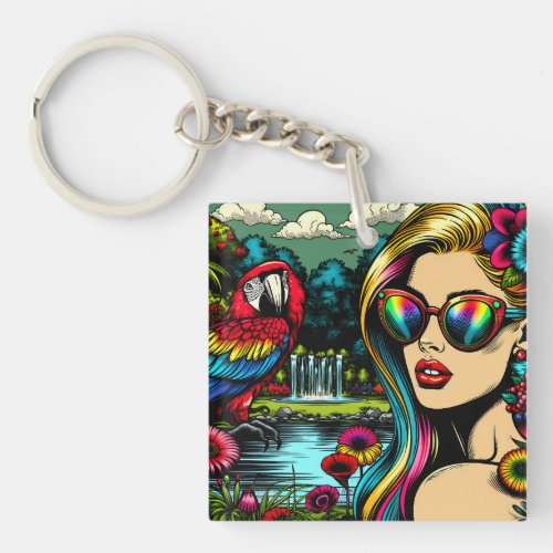 Cute Parrot and Beautiful Woman in Garden Keychain